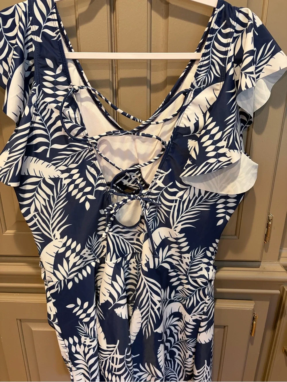Navy & White Tropical Leaf One-Piece Swim Dress - Picture 3 of 7
